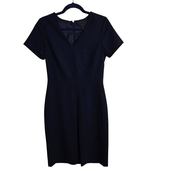 J. Crew Short Cap Sleeve V-neck Navy Wool Blend Career Sheath Dress Size 4T - Picture 2 of 6